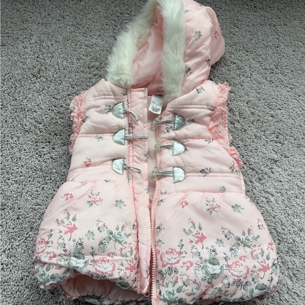 Floral Pink Kids Vest With Faux Fur Hood